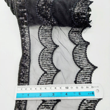 Black Net Scallop Lace Trim with Black Sequins, Sari Border, Embroidered Trim